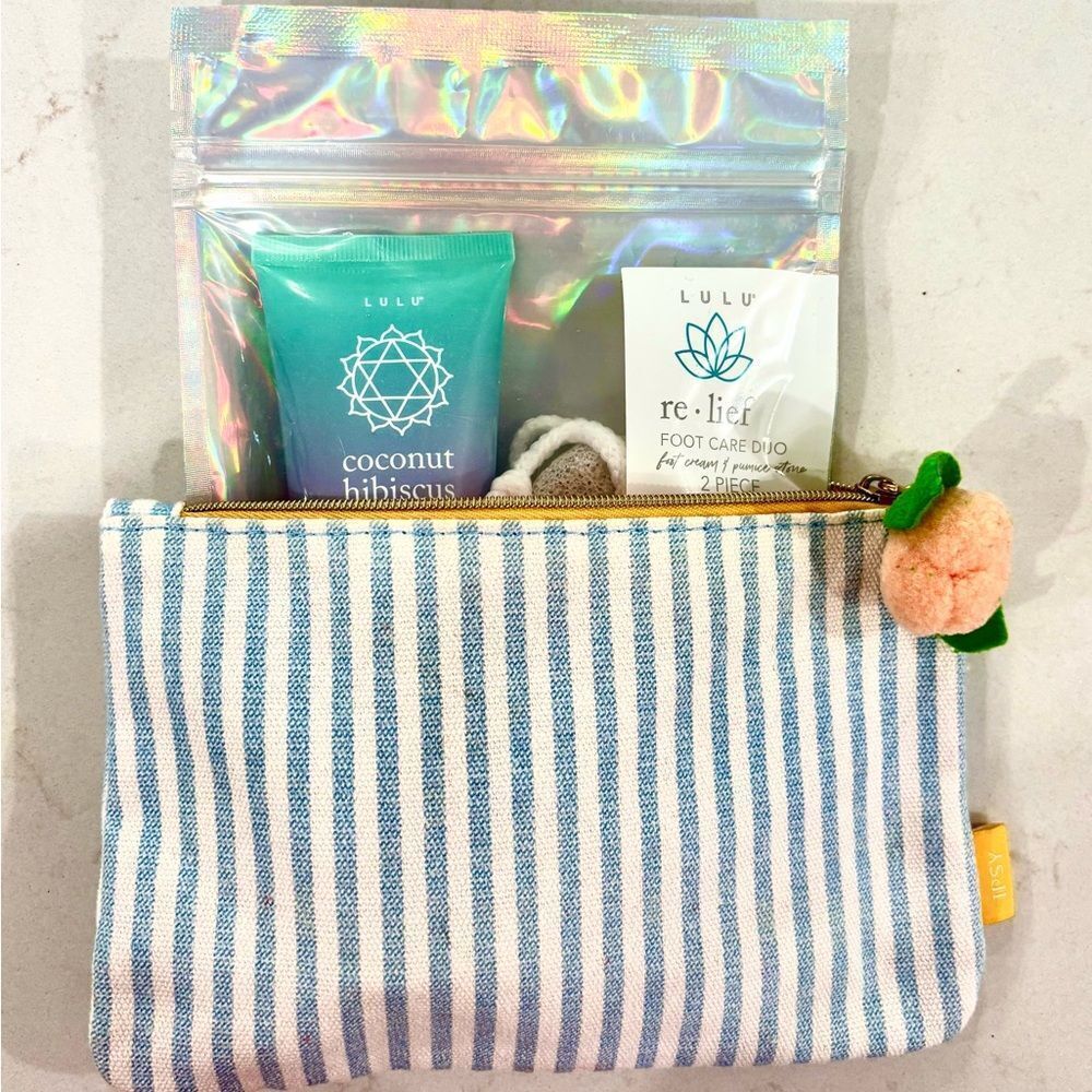GLAM PACK!! Striped Blue and White Pouch with Foot Care Duo